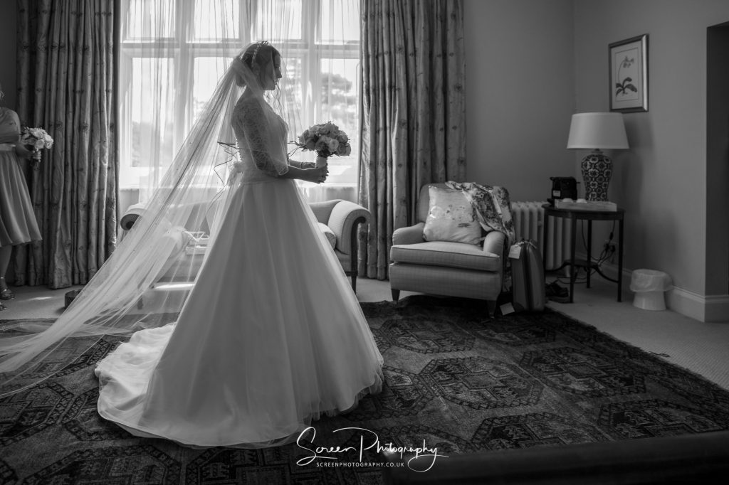 priory room at Hodsock Priory with bride in dress Nottingham Notts wedding venue 