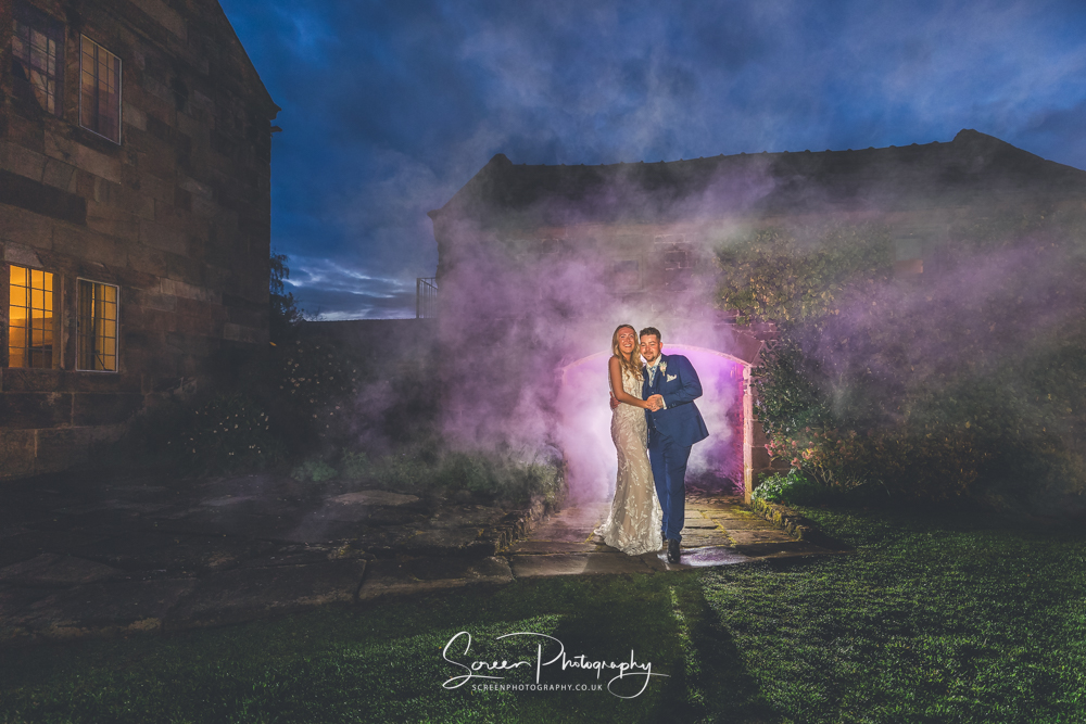 The Ashes Barns night smoke gel wedding couple wow photograph 