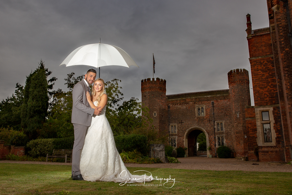 Hodsock Priory gate House couple with umbrella Nottingham Notts Dusk Moody Sky