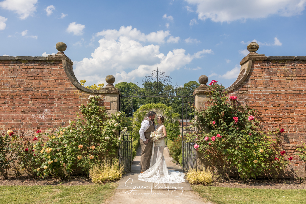 Thorpe Garden wedding venue Tamworth Staffordshire staffs walled garden yurt bride groom couple gates