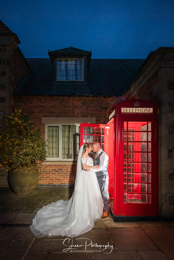 The white hart inn moorwood moor Alfreton wedding venue photography phone box bride groom couple dusk blue hour