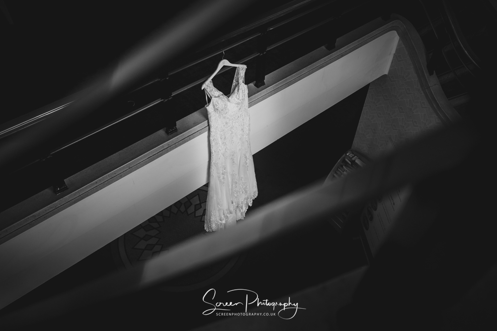 derby conference centre wedding dress in main entrance hanging down