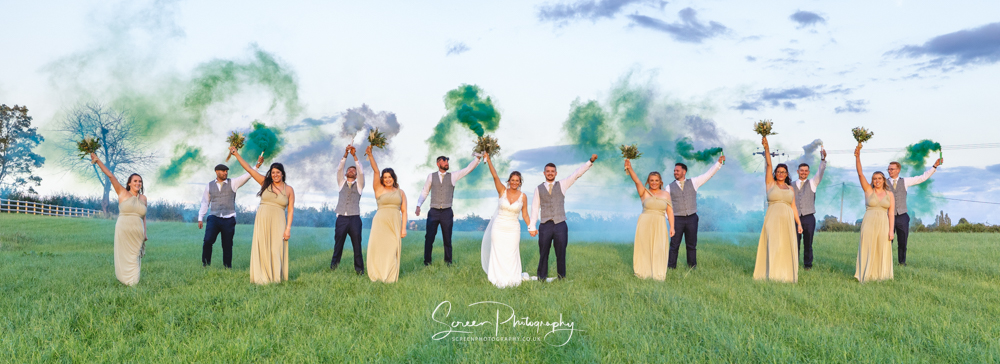 Cripps & Co Grangefields Derby Ashbourne wedding venue barn flares bridal groom fun green white grenades