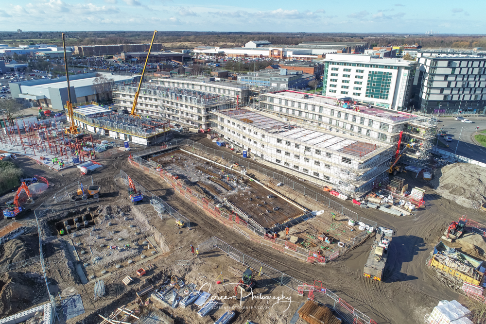 construction drone nottingham building site of new university accommodation with scaffolding and cranes