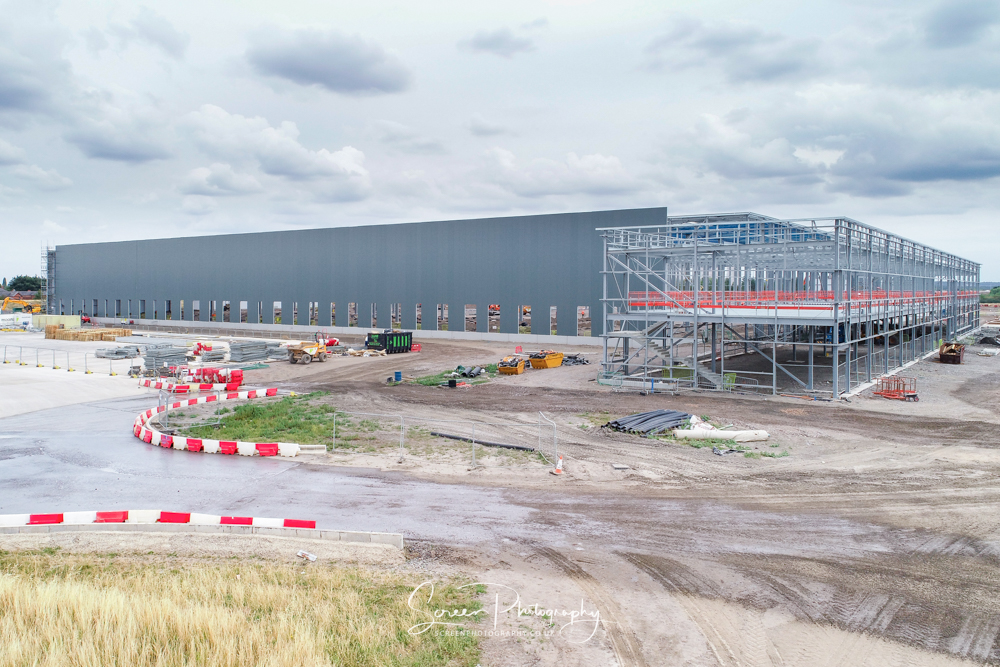 construction drone nottingham building offices warehouse steel frame and cladding