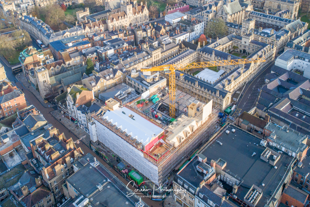 construction drone nottingham view of building works in Oxford city centre with large crane and scaffolding