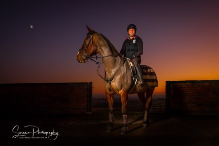 East Midlands Derby Nottingham Leicester Fine art equine horse equestrian professional photograph of female rider on horse back at sunset with moon