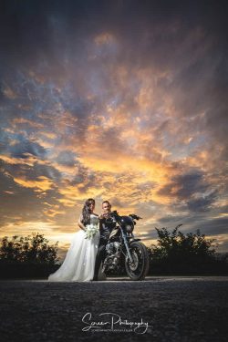 derby wedding photography bride groom with epic sunset on motorcycle
