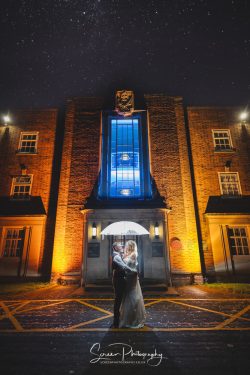 derby conference centre wedding photography bride groom with umbrella at night