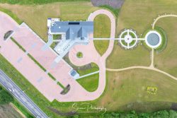 commercial drone nottingham aerial view looking down of a new memoria crematorium in Doncaster with landscaped gardens