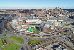 commercial drone nottingham aerial view of lincoln university and cathredal with construction works in foreground