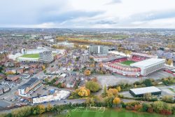 commercial drone nottingham aerial view of trent bridge cricket ground and nottingham forest football club stadium NFFC river trent