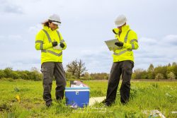 commercial photography nottingham two people ladies colleagues working out in the field writing information data onto paper wearing full site safety hi-viz clothing jackets and hard hats
