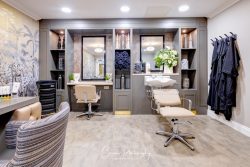 commercial photography nottingham care home hair dressing room with seating, sinks and hair dryers